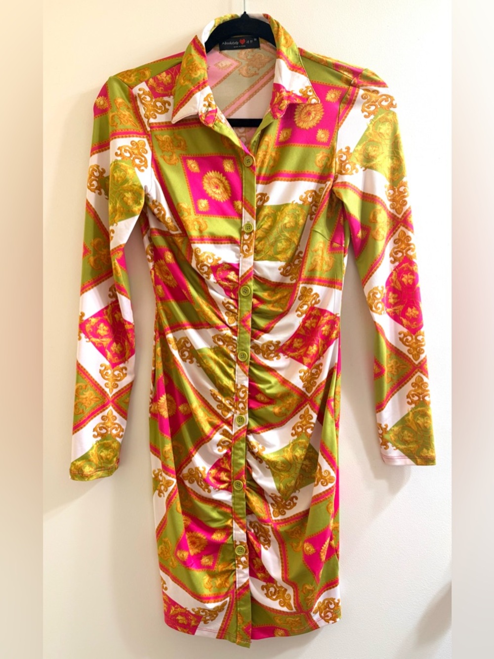 Absolute ❤️ it Long-Sleeve Baroque Print Shirt Dress in Lime Pink & Gold Size M